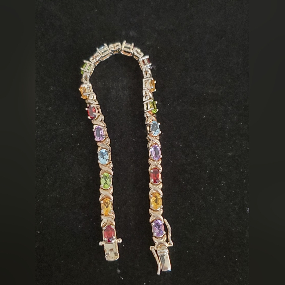 925 Sterling Silver Multi Gemstone Tennis Bracelet Overtone Vintage - Picture 2 of 15